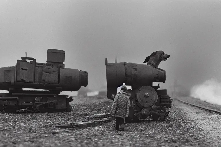 Image similar to giant oversized chubby bulky armored train Dachshund dog robot mech, with big pug head , rocket launcher , on a village , Cinematic focus, fujicolor photo, vintage, neutral colors, soft lights, foggy, panorama by by Serov Valentin, by lisa yuskavage, by Andrei Tarkovsky