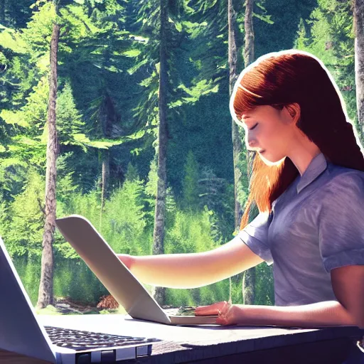 Prompt: smart female junior developer working with laptop outside in the mountains in summer, alps, 4k, digital art, highly detailed, artstation, 8k, ultrafine detail