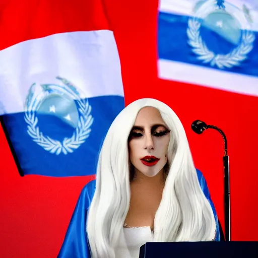 Image similar to Lady Gaga as president, Argentina presidential rally, Argentine flags behind, bokeh, giving a speech, detailed face, Argentina