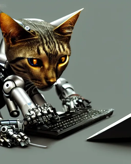 Image similar to a metallic robotic cyborg cat eating a computer mouse, cyberpunk, digital art, 8 k, trending on artstation