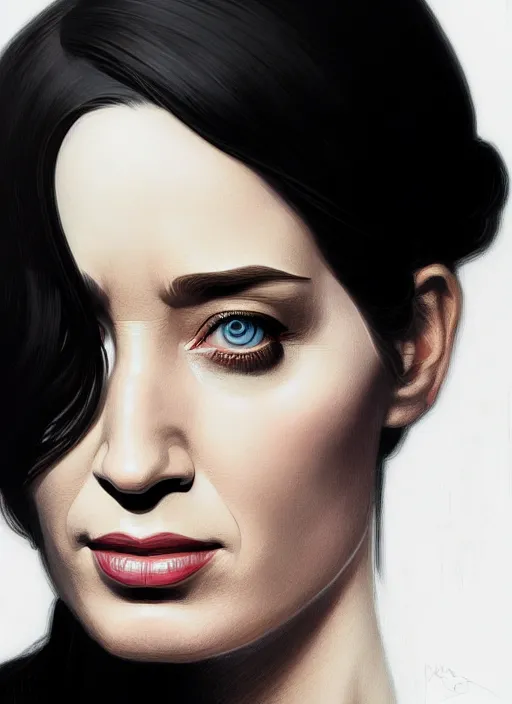 Image similar to portrait of emily blunt as business woman, black suit, white shirt, black tie, intricate, headshot, highly detailed, digital painting, artstation, concept art, sharp focus, cinematic lighting, illustration, art by artgerm and greg rutkowski, alphonse mucha, cgsociety