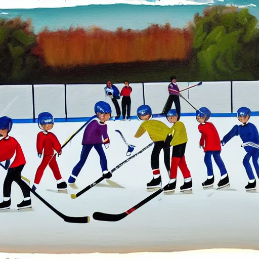 Prompt: a painting of a group of kids playing hockey in an outdoor rink