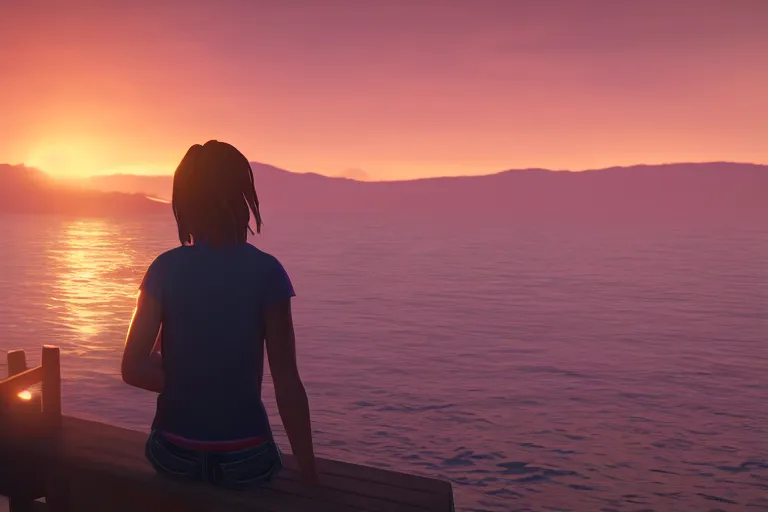 Image similar to max caulfield watching sunset on the sea, life is strange, realistic, cinematic, 8 k, highly detailed, ue 5