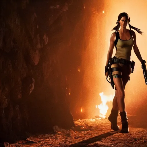 Prompt: Still of Lara Croft in the movie Indiana Jones and the Last Crusade, cinematic lighting, bokeh, 4k