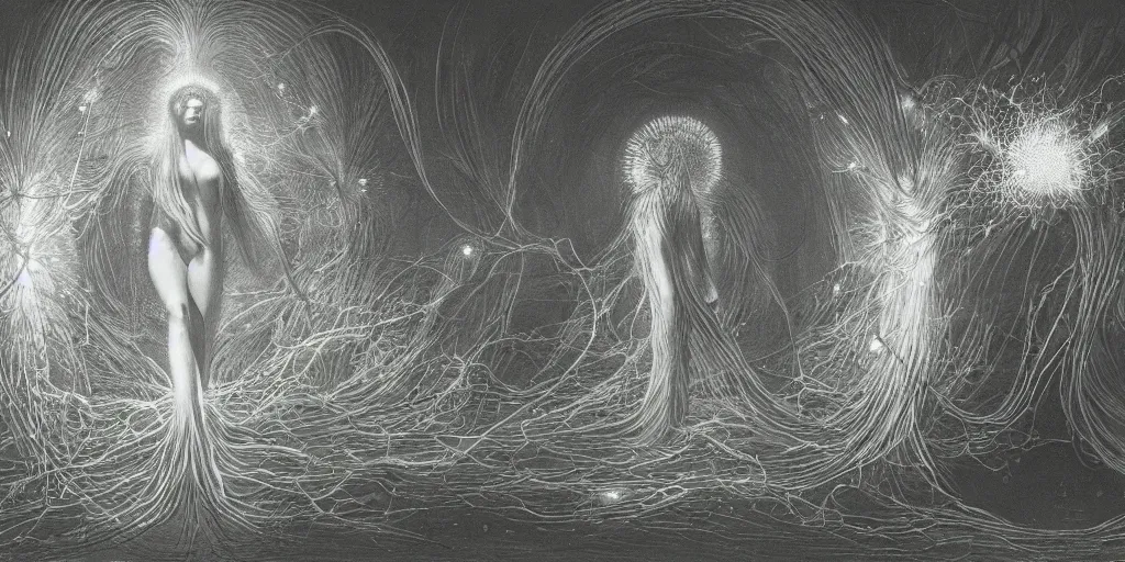 Prompt: a multiverse interpretation of a single scene with a girl, quantum physics, neon explosion of light, zdzislaw beksinski, by ernst haeckel, 8 k concept art, incredible masterpiece