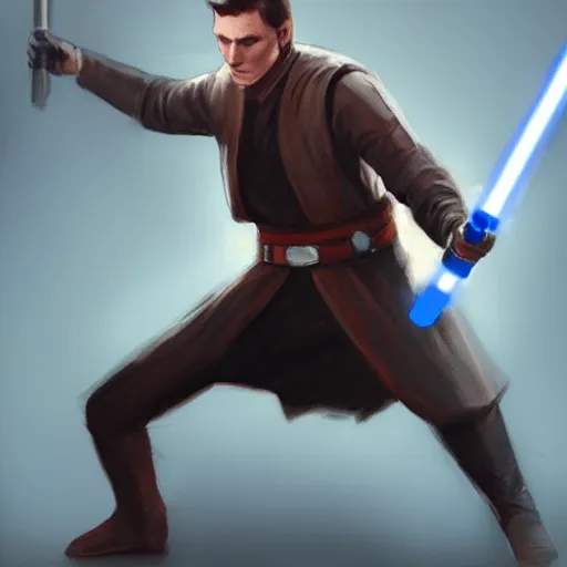 Image similar to jerma 9 8 5 wielding a blue lightsaber, jedi concept art, character concept art, detailed painting, dramatic lighting, trending on artstation