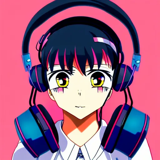 Image similar to An anime character's head wearing retro headphones. 90s anime, Sailor Moon, Neon Genesis, official art, flat cell shading, fantastic screenshot art, trending on artstation, muted nostalgic colors