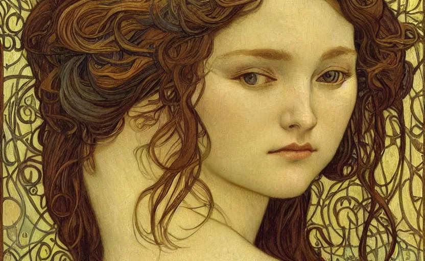 Image similar to detailed realistic beautiful young medieval queen face portrait by jean delville, alphonse mucha, vincent van gogh, and marco mazzoni, art nouveau, symbolist, visionary, gothic, pre - raphaelite