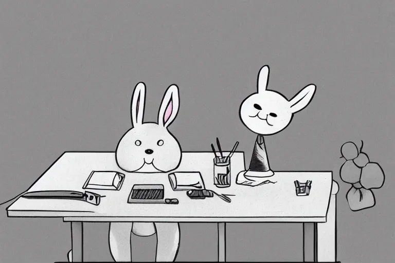 Prompt: a cute fluffy rabbit sitting at a desk, pop surrealism art style, rubberhose animation character style, intricate, toon render, black ink on white paper