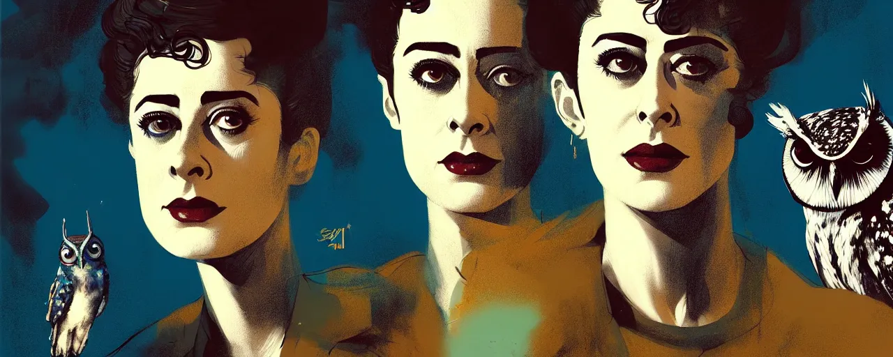 Image similar to duotone concept illustration 3 / 4 portrait of sean young as rachael from blade runner 1 9 8 2 with owl in the background. cinematic volumentric lighting. golden ratio tech noir by sachin teng and sergey kolesov and ruan jia and heng z. graffiti art, scifi, fantasy, hyper detailed. octane render. concept art. trending on artstation