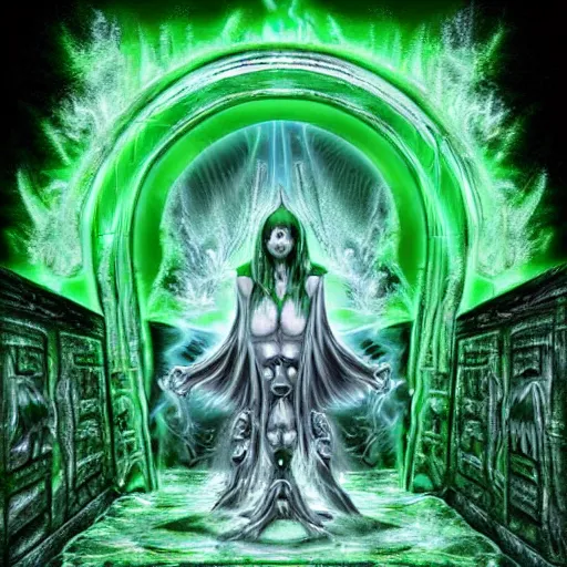 Prompt: woman summon the deathgate portal to the green flame hellgod's home, photograph taken by lord illusion of hyperrealism - n 8