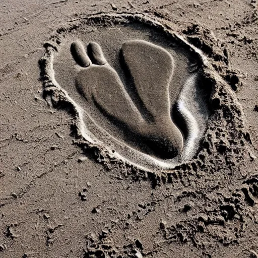 Prompt: giant footprint in mud