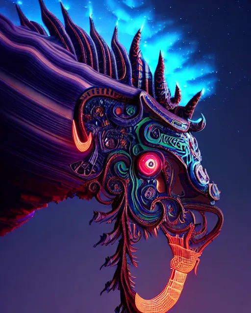 Image similar to 3 d ornate carved dark cosmic horse with profile portrait, sigma 5 0 0 mm f / 5. beautiful intricate highly detailed quetzalcoatl skull. bioluminescent, plasma, lava, ice, water, wind, creature, thunderstorm! artwork by tooth wu and wlop and beeple and greg rutkowski, 8 k trending on artstation