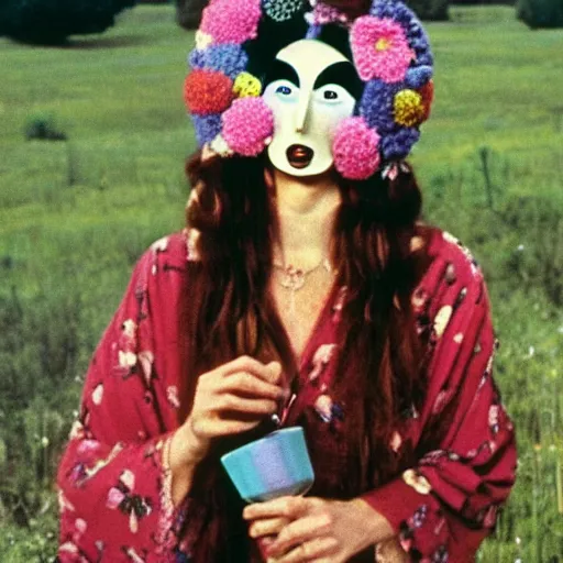 Image similar to 1970 hippie woman on tv show with a long prosthetic nose, wearing a floral robe in a meadow 1970 color archival footage color film 16mm holding a hand puppet Fellini Almodovar John Waters Russ Meyer Doris Wishman