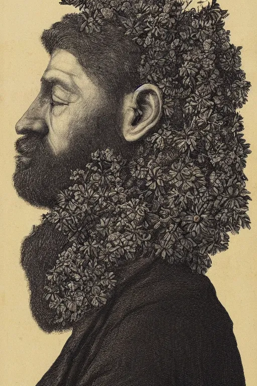 Image similar to a man's face in profile, with a long beard made of flowers and fruit, in the style of the dutch masters, dark and moody