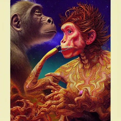 Image similar to ( monkey smoking a cigarette ) ( ( ( hyper detailed masterpiece, psychedelic fractal pattern, jean giraud, digital art painting, dream wave aesthetic, ethereal, artgerm, donato giancola, tom bagshaw ) ) )