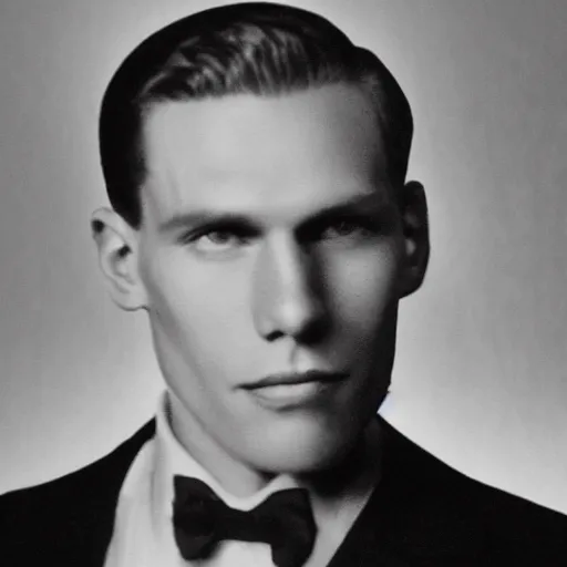 Image similar to A photograph portrait of Jerma985 wearing a suit with short slicked hair in the early 1930s, taken in the early 1930s, grainy, taken on a early 1930s Kodak Camera, realistic, hyperrealistic, very realistic, highly detailed, very detailed, extremely detailed, detailed, digital art, trending on artstation