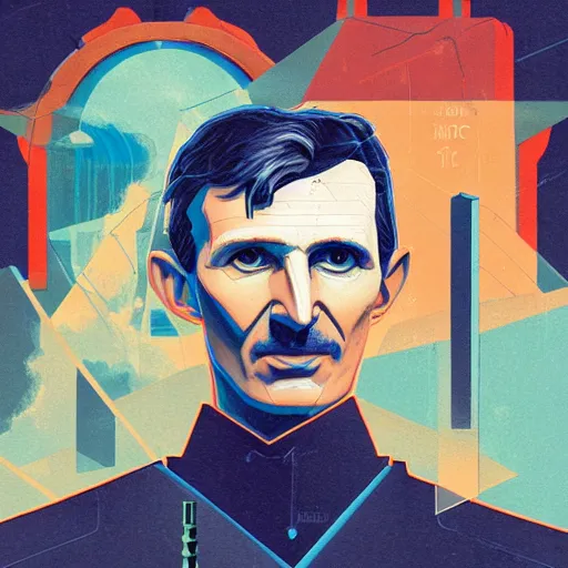 Prompt: majestic genius inventor nikola tesla profile picture by sachin teng, masterpiece, organic painting, matte painting, technical geometrical drawing shapes, lightning electricity coil, hard edges, graffiti, street art by sachin teng