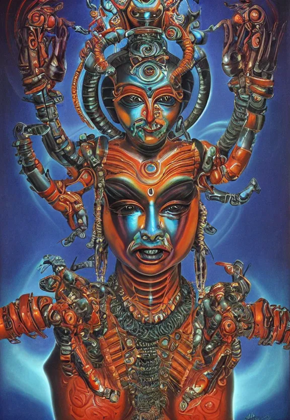 Image similar to biomechanical alien robot goddess kali, female, intense stare, sarcastic smile, symmetrical, concept art, intricate detail, volumetric shadows and lighting, realistic oil painting, 1 9 7 0 psychedelic soviet poster,