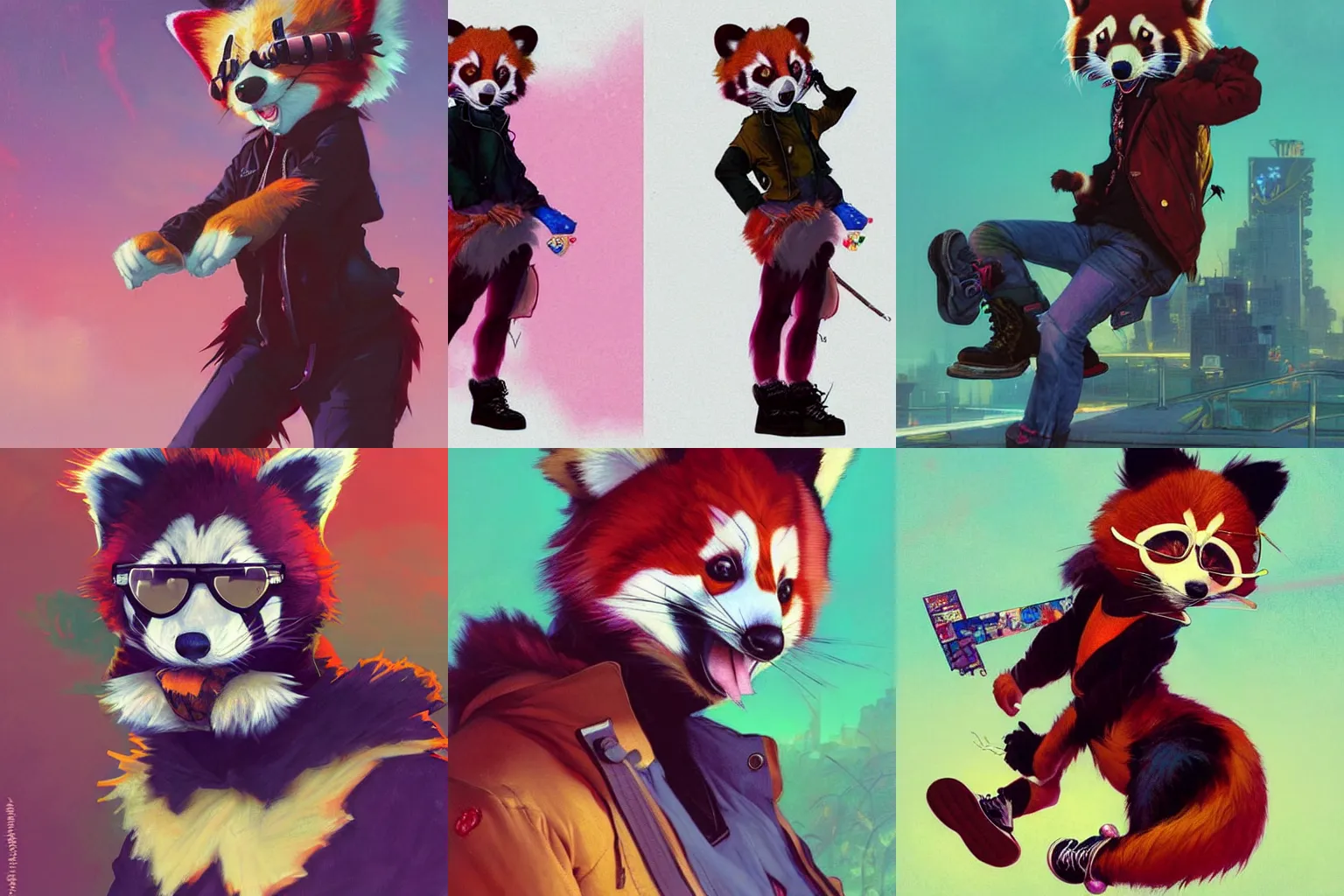 Image similar to furry anthropomorphic red panda wearing skater punk clothes. Vaporwave. Renowned character illustration by greg rutkowski, thomas kindkade, alphonse mucha, loish, norman rockwell. Trending on furaffinity. Digital Art.