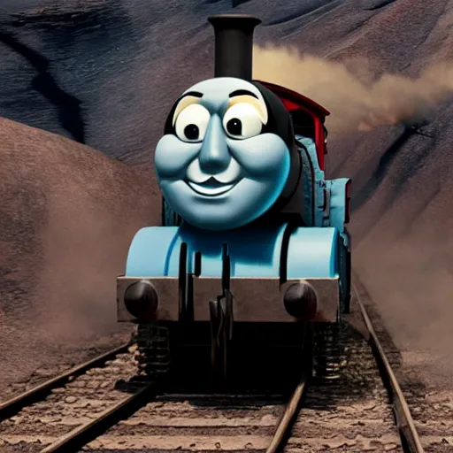Prompt: evil chthonic Thomas the Tank Engine in the fiery Wasteland of MAD MAX: FURY ROAD