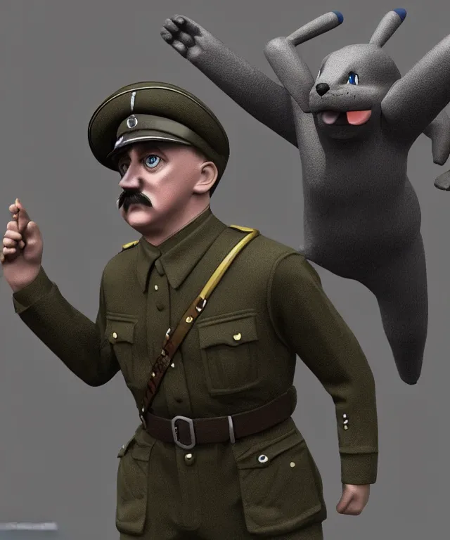 Image similar to hyperrealistic 3d model of Hitler as a Pokemon, 8k octane beautifully detailed render, post-processing, extremely hyperdetailed, intricate, epic composition, cinematic lighting + masterpiece, trending on artstation, very very detailed, masterpiece, stunning