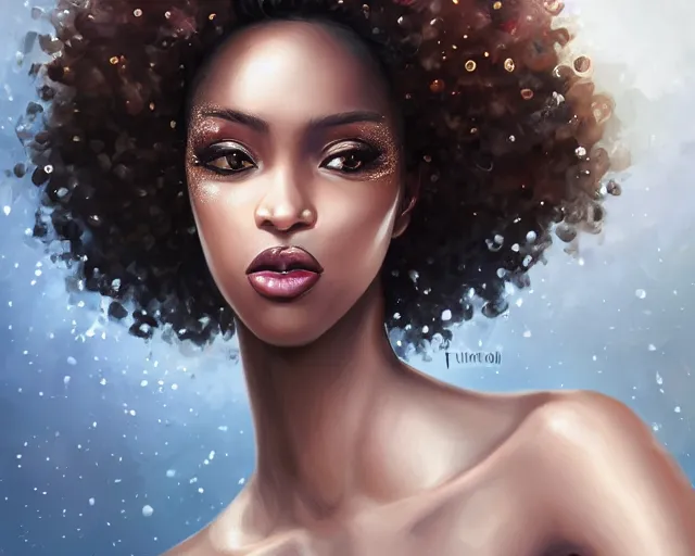 Image similar to A tall black skinned woman wearing a scarf with large lips and smooth eyebrows and curly hair, complimentary eyeliner, light blush and metallic eyeshadow, HD, illustration, epic, fantasy, intricate, elegant, amazing detail, digital painting, artstation, concept art, smooth, sharp focus, illustration, art by Turine Tran