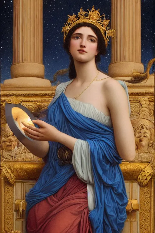 Prompt: queen of the stars with her lantern, by by John William Godward and Anna Dittman, dramatic cinematic lighting , ornate headdress , flowing robes, sacred artifacts, lost civilizations, smooth, sharp focus, extremely detailed