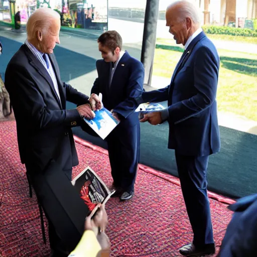 Prompt: joe biden dressed as batman and signing autographs