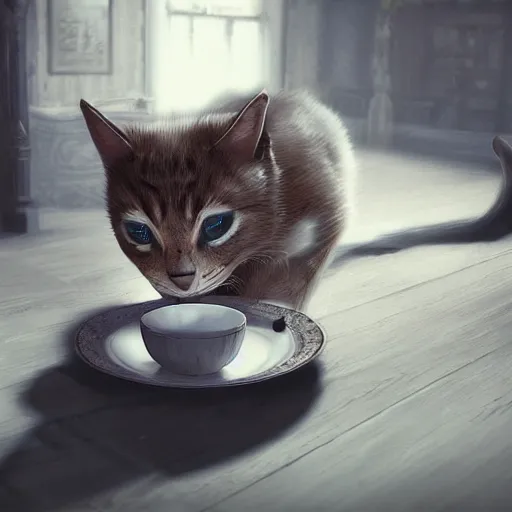 Image similar to cute cat drinking milk from a porcelain plate, in game pathologic 2, digital art, unreal engine, cinematic composition, sharp, details, hyper - detailed, hd