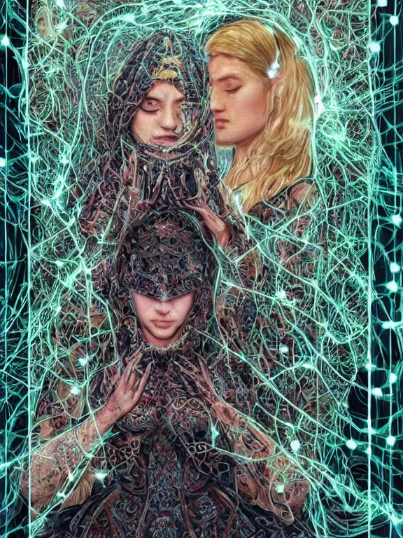 Image similar to a complex concept art ultra detailed of two veiled perfect female face android queens kneel and pray with lots of electric cable behind them connected to giant computer,bowknot, fine lace, GUCCI, sparkling, jewel embellishment, film lighting, by shibashake,Cedric Peyravernay,marie spartali Stillman,William Morris,Dan Mumford, trending on atrstation, full of color, mythological, high detailed,golden ratio,cinematic lighting