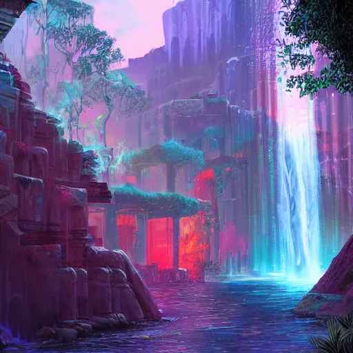 Image similar to neon ancient ruins with waterfalls,digital art,retrowave art,trending on art station