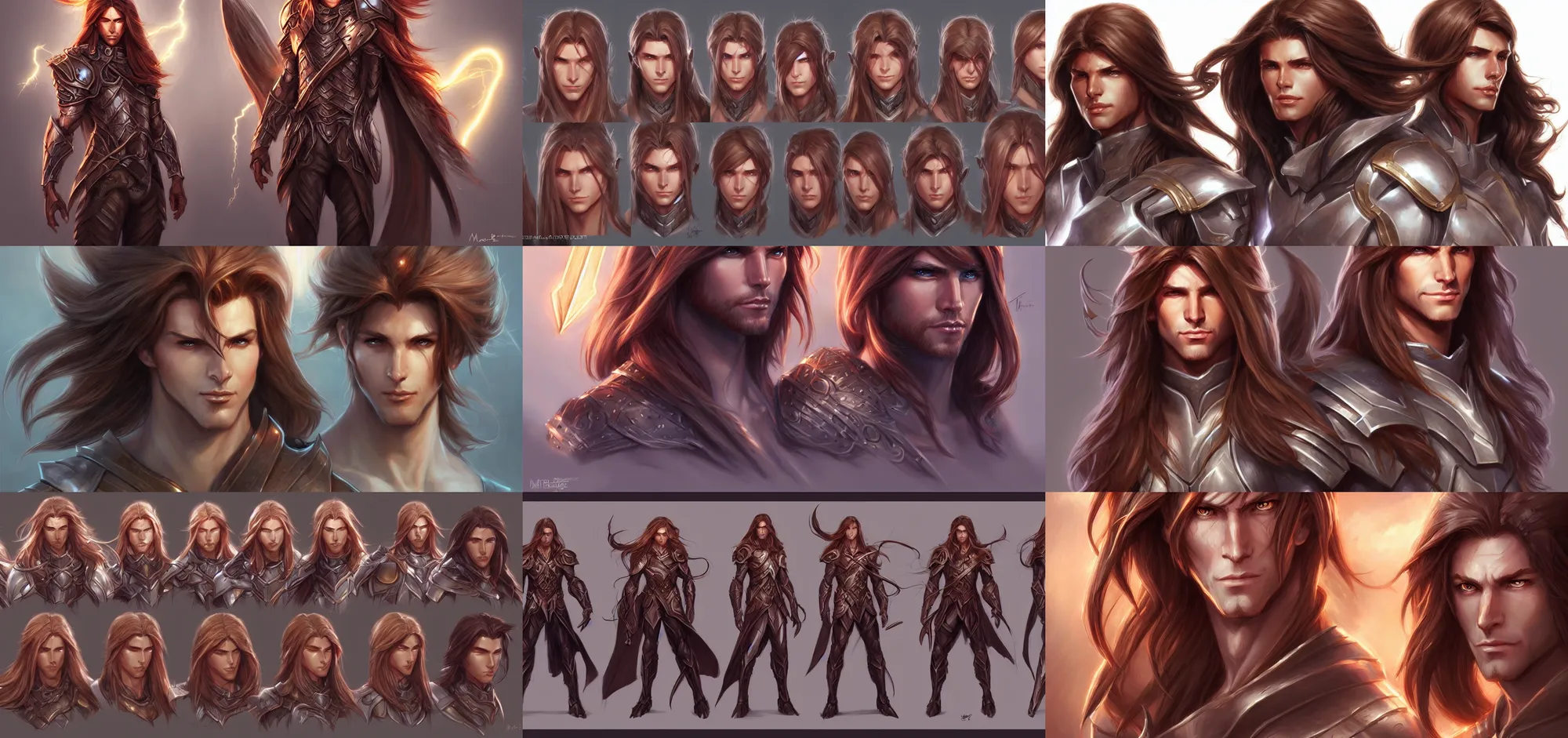 Prompt: concept art of long brown hair, male, light armor, lightning, d & d, fantasy video game characters head designs, unique styles, by marc brunet and artgerm