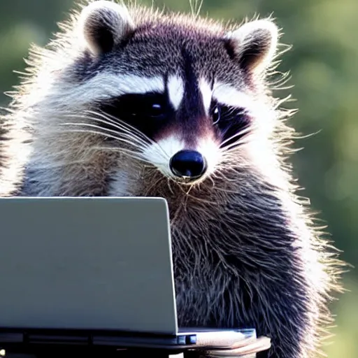 Image similar to logo of a happy raccoon pushing a grocery cart with a laptop on top and a face mask hanging off the corner