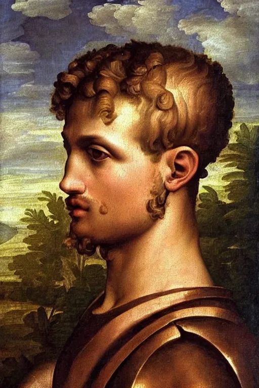 Image similar to renaissance painting of man, short blonde hair, thoughtful face, emotions closeup, dressed in roman armour, the beautiful garden with olive leaves, ultra detailed, art by Guido Reni style, Vincenzo Catena style