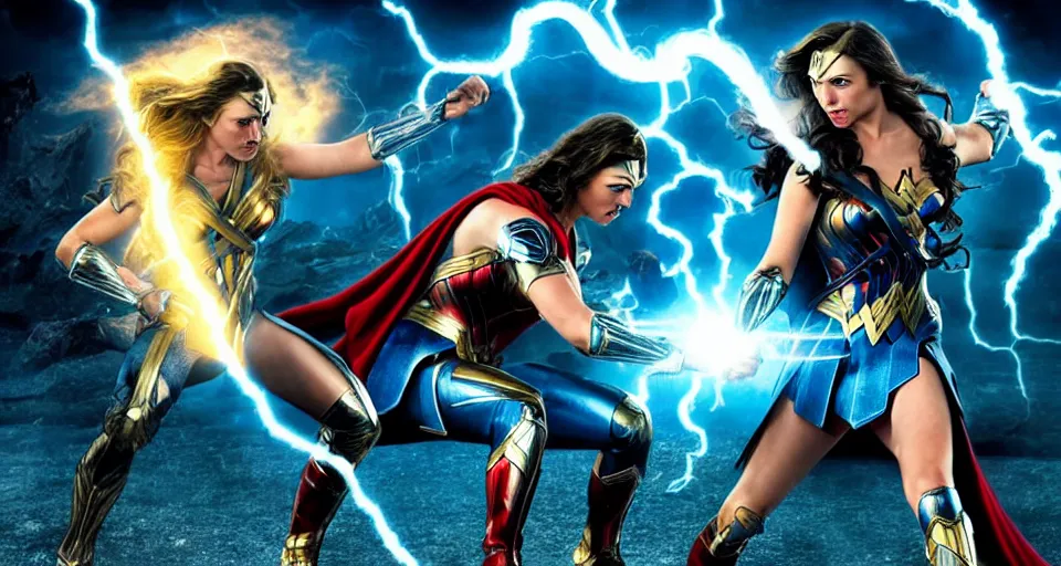 Prompt: thor, vs., wonder woman, cinematic movie scene, epic fight, blue lightning, yellow lightning, photo