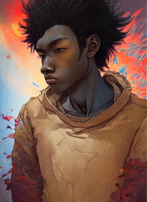 Image similar to prompt : portrait soft light painted by james jean and katsuhiro otomo and erik jones, inspired by akira anime, epic fantasy, a young long haired peasant boy with dark skin, brown skin, a dark complexation in plain fantasy clothing with intelligent eyes, intricate oil painting, high detail illustration, sharp high detail