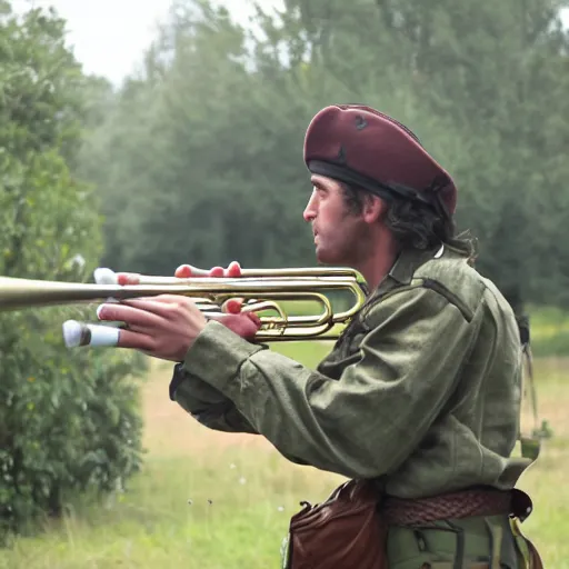 Image similar to A gypsy paratrooper with rifle blowing his trumpet