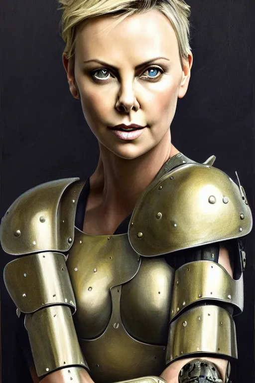 Image similar to a photorealistic painting of Charlize Theron, partially clothed in metal-plated battle armor, olive skin, long dark hair, beautiful bone structure, symmetrical face, perfect eyes, intricate, elegant, digital painting, concept art, illustration, sharp focus, minimal artifacts, from Metal Gear, in the style of Ruan Jia and Mandy Jurgens and Greg Rutkowski, trending on Artstation, award winning