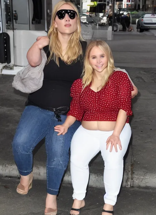 Image similar to chonky chubby kristen bell sitting with her fat belly and love handles sticking out of her shirt