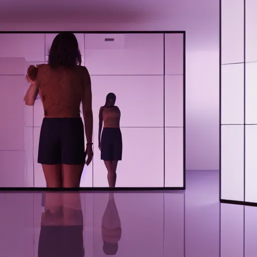 Image similar to a woman in a crop top and shorts, standing in a room with mirrors on every surface, reflections, shiny, highly detailed, 8k, octane render, hyperrealistic