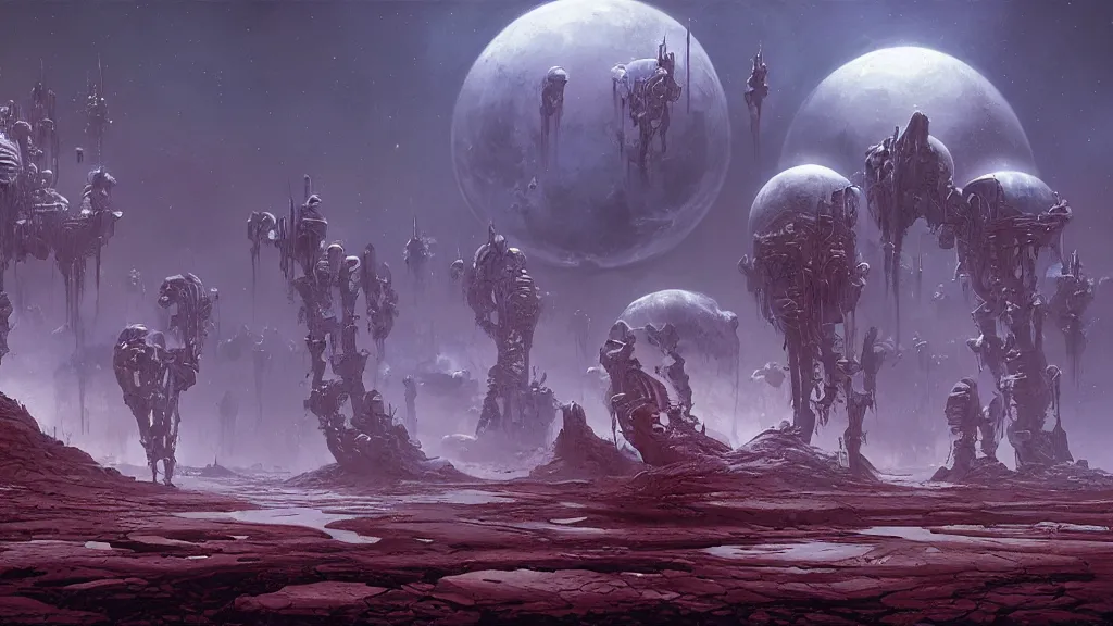 Image similar to eerie atmospheric alien worlds by michael whelan and stephan martiniere, cinematic matte painting