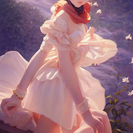 Image similar to girl full - body full - portrait elegant clothes clothing elegance trending on artstation drawn by range murata and leyendecker extremely infinite detail and correct anatomy painting artstation trending girl portrait by range murata and leyendecker with a dreamy scenery extremely detailed image volumetric lighting art most fine lighting most fine face most fine beautiful art