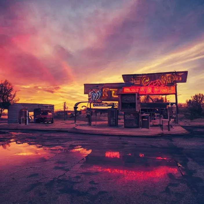 Image similar to a sunset light landscape with historical route 6 6, lots of sparkling details and sun ray ’ s, blinding backlight, smoke, volumetric lighting, colorful, octane, 3 5 mm, abandoned gas station, old rusty pickup - truck, beautiful epic colored reflections, very colorful heavenly, softlight