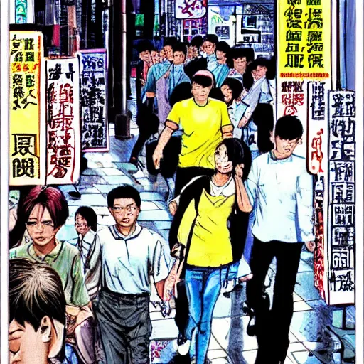 Prompt: glossy old advertising poster, mark zuckerberg walking through crowded hong kong street, vendors, drawn comic by junji ito, pastels, gradient