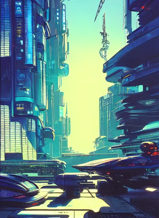 Image similar to photo of cyberpunk school, scifi, bright light, busy street, morning sun, interesting angle, 8 k high definition, insanely detailed, art by syd mead and masamune shirow