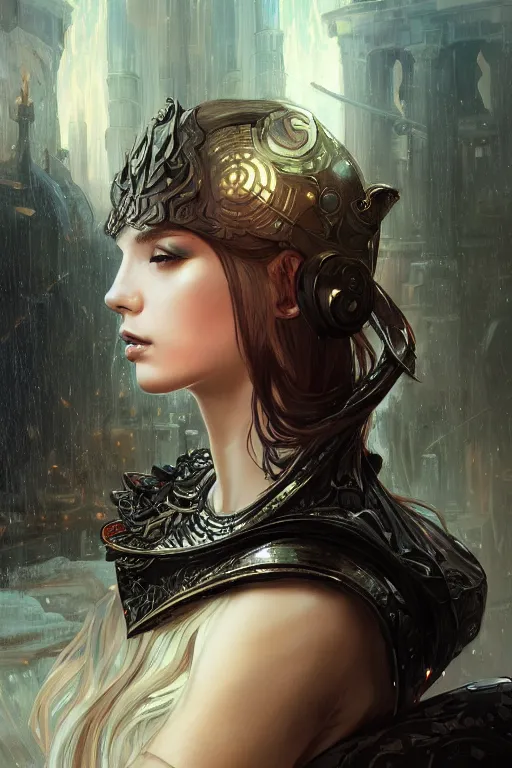 Image similar to portrait knights of Zodiac girl+smoky eyes, black fire color reflected armor, in ruined Agora of Athens rainy night, ssci-fi and fantasy, intricate and very very beautiful and elegant, highly detailed, digital painting, artstation, concept art, smooth and sharp focus, illustration, art by tian zi and WLOP and alphonse mucha