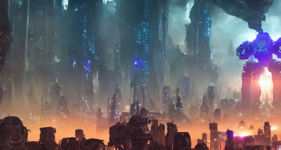 Prompt: a photo of an enormous mech towering over a crowd of astronauts in a futuristic city in the background, ultra realistic, hyper - detailed, unreal engine, raytraced lighting, colorful accents