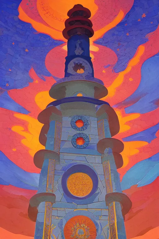 Image similar to glorious painted belltower of the sun and the lost stars, by Sylvain Sarrailh and Nicholas Roerich, dramatic cinematic lighting , beautiful colorful tilework, ornate architecture, smooth, sharp focus, extremely detailed