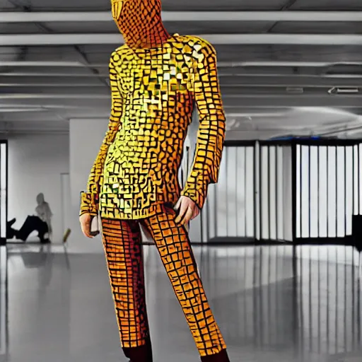 Image similar to a paladin wearing issey miyake armor in a computer shop, portrait, fashion photography, by mario testino, davide sorrenti, jemal shabazz